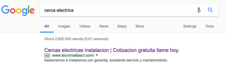 Resultados de Google Adwords de Tecnimallas